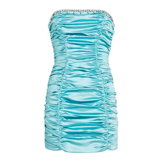 NWT Area Strapless Mini Dress Sz 2 Turquoise Crystal-Embellished Ruched Bodice - Picture 2 of 13